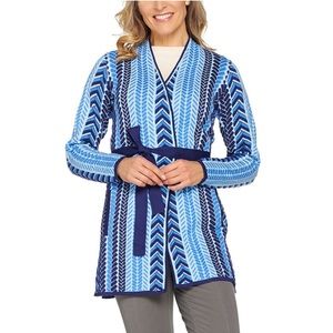 Blue Cable Pucker Jacquard Belted Cardigan